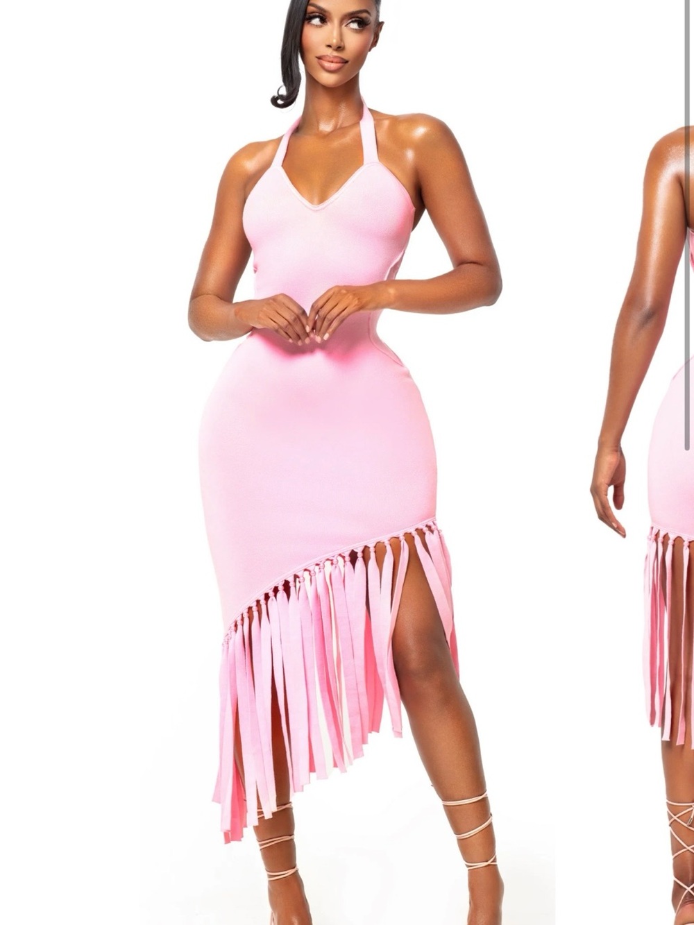 Yagi World Pink Asymmetrical Fringe Halter Dress